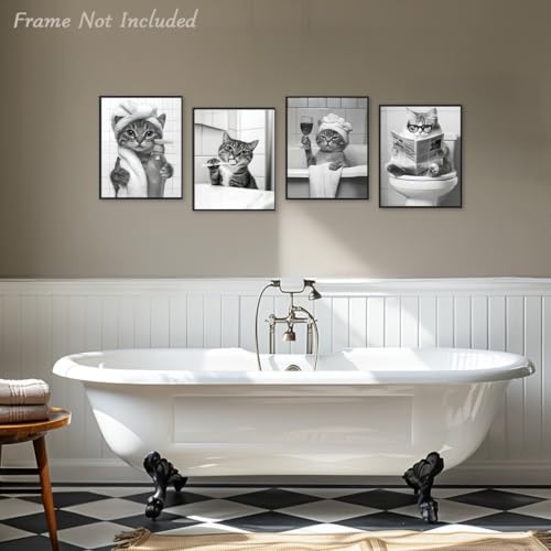 Lustige Katze Wandkunst 4Pcs Badezimmer Dekoration 2 Lustige Katze Wandkunst 4Pcs Badezimmer Dekoration - Image 2